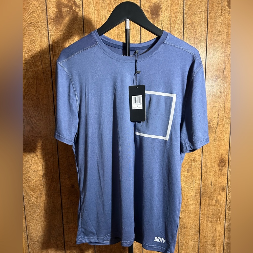 DKNY Slate Blue Short Sleeve Crew with White Square Accent Pocket and zipper